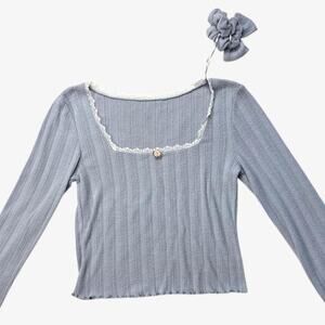 Pastel blue square neck coquette girly soft long sleeve shirt matching scrunchie